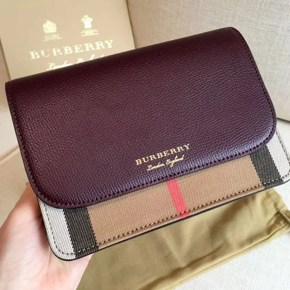 NWT BURBERRY Pebbled Leather/House Check Canvas Hampshire Crossbody Bag